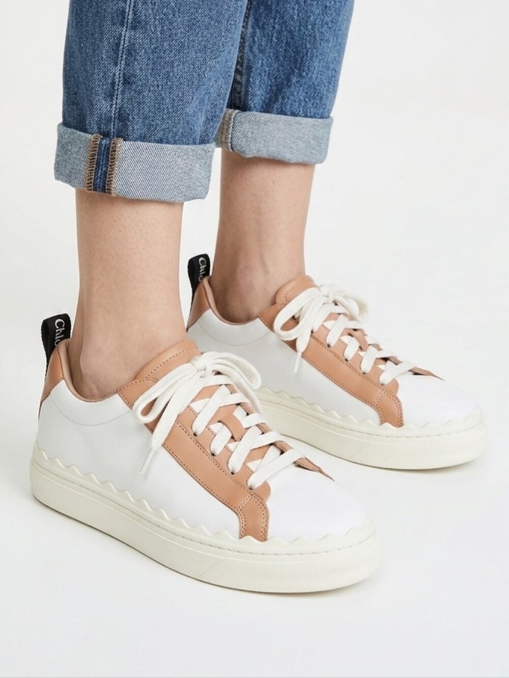 Chloe LAUREN White Leather Tan Accents Scallop Edge Lace-Up Low Top Sneakers 38